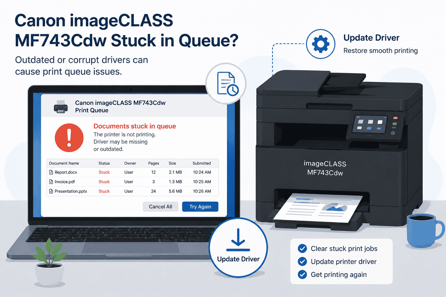 Canon imageCLASS MF743Cdw printer connected to a laptop showing documents stuck in the print queue because of outdated or missing printer drivers.