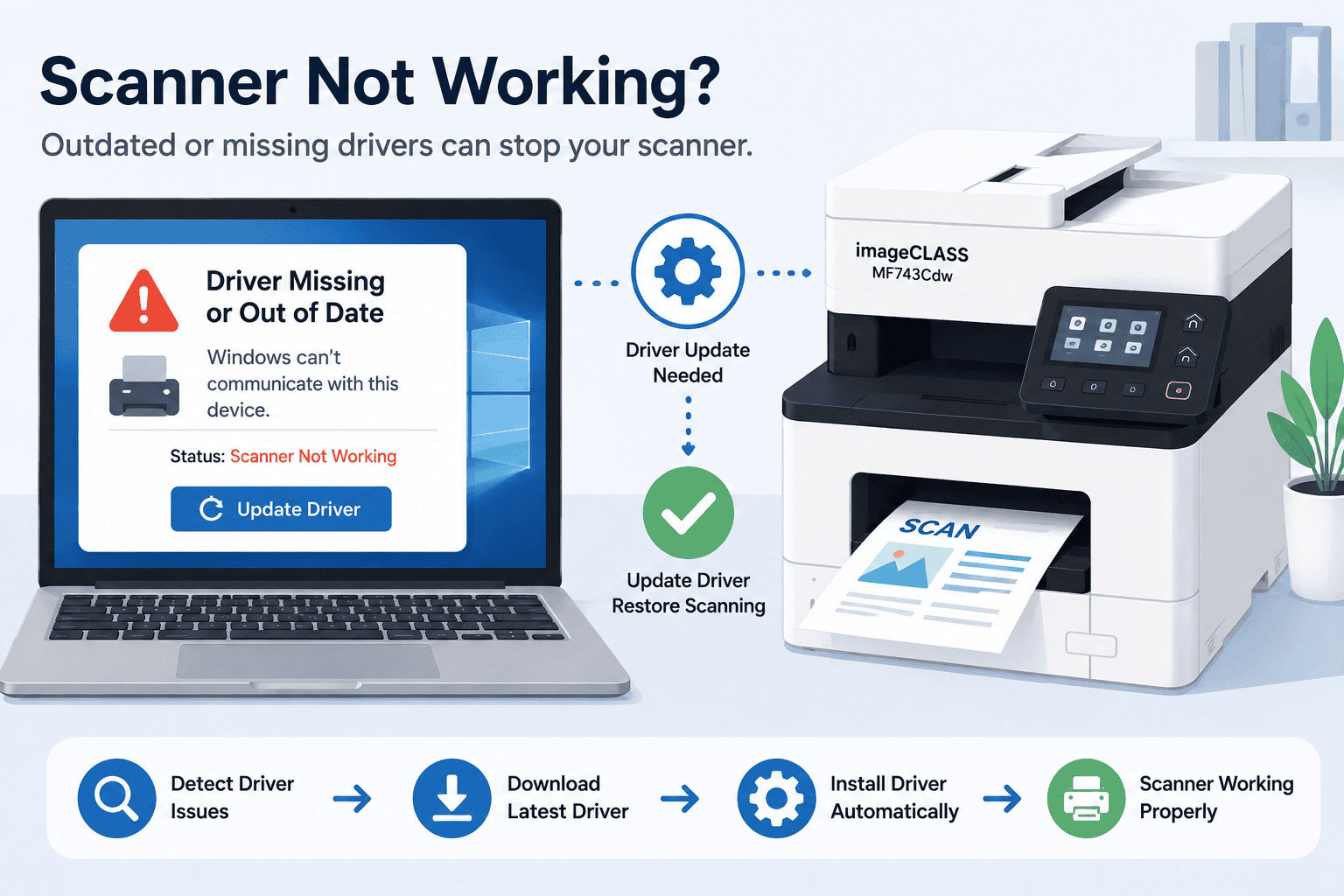 Canon imageCLASS MF743Cdw scanner connected to a laptop showing a missing or outdated driver warning, illustrating scanner communication problems and how updating printer software restores scanning on Windows.