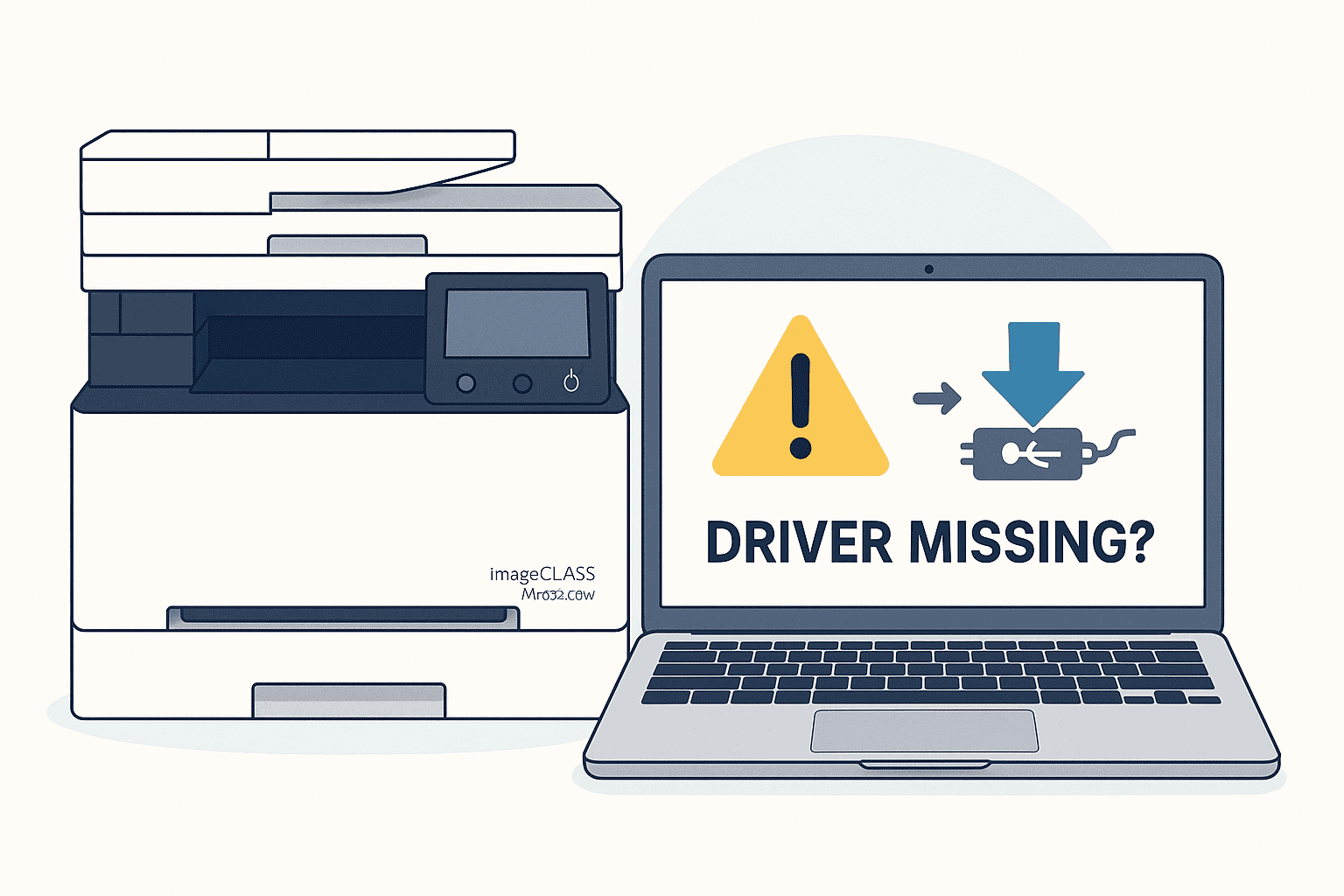 A Canon Color imageCLASS MF662Cdw printer is shown next to a laptop displaying a “Driver Missing?” warning with an exclamation mark and download icon, illustrating common printing problems caused by outdated or missing drivers.