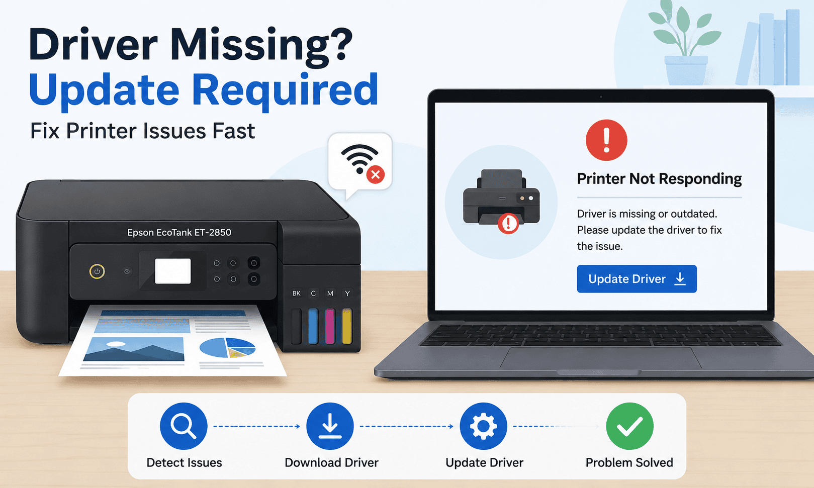 Epson EcoTank ET-2850 printer connected to a laptop displaying a "Printer Not Responding" warning and driver update prompt.