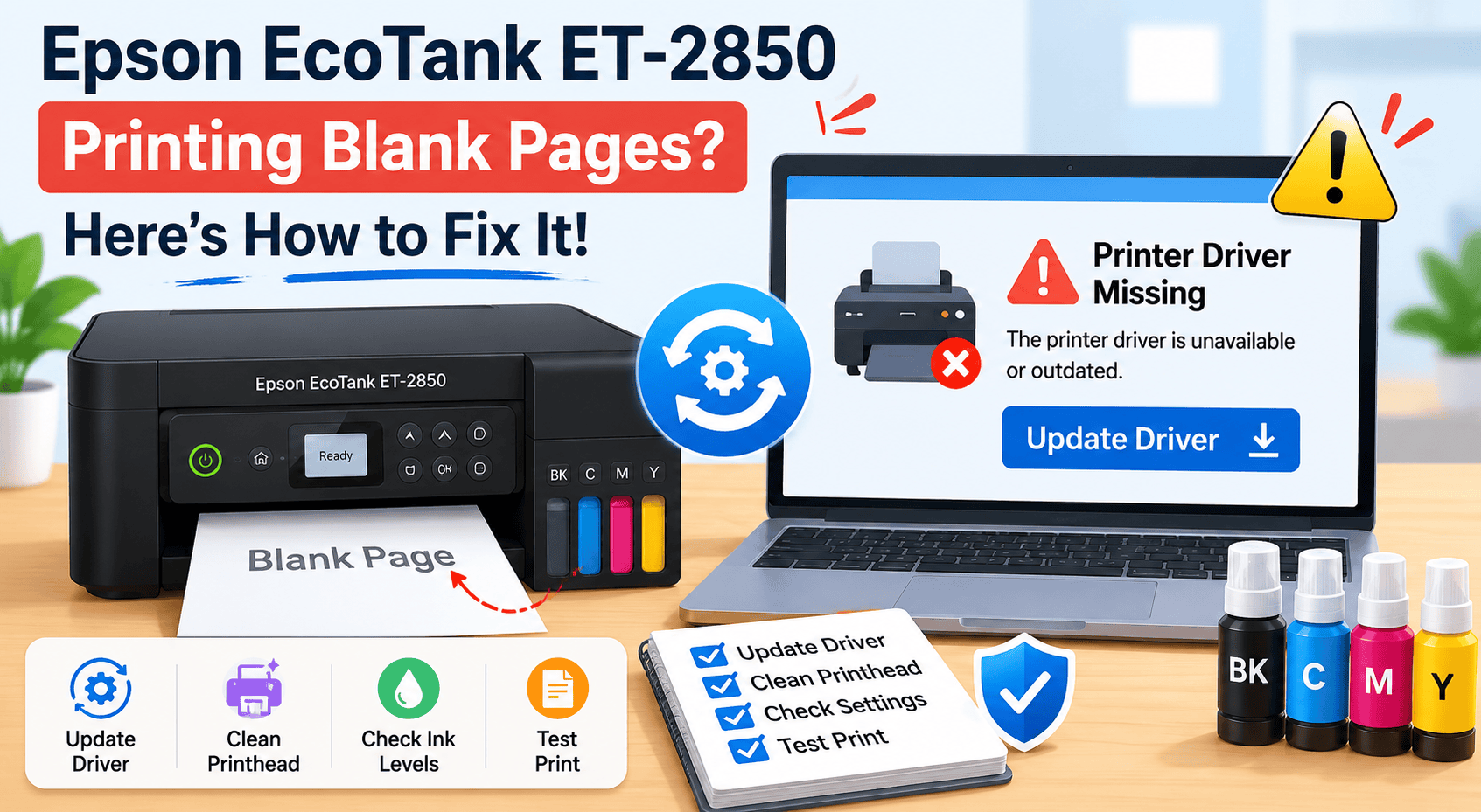 Epson EcoTank ET-2850 printer producing a blank page beside a laptop displaying a "Printer Driver Missing" warning and update prompt.