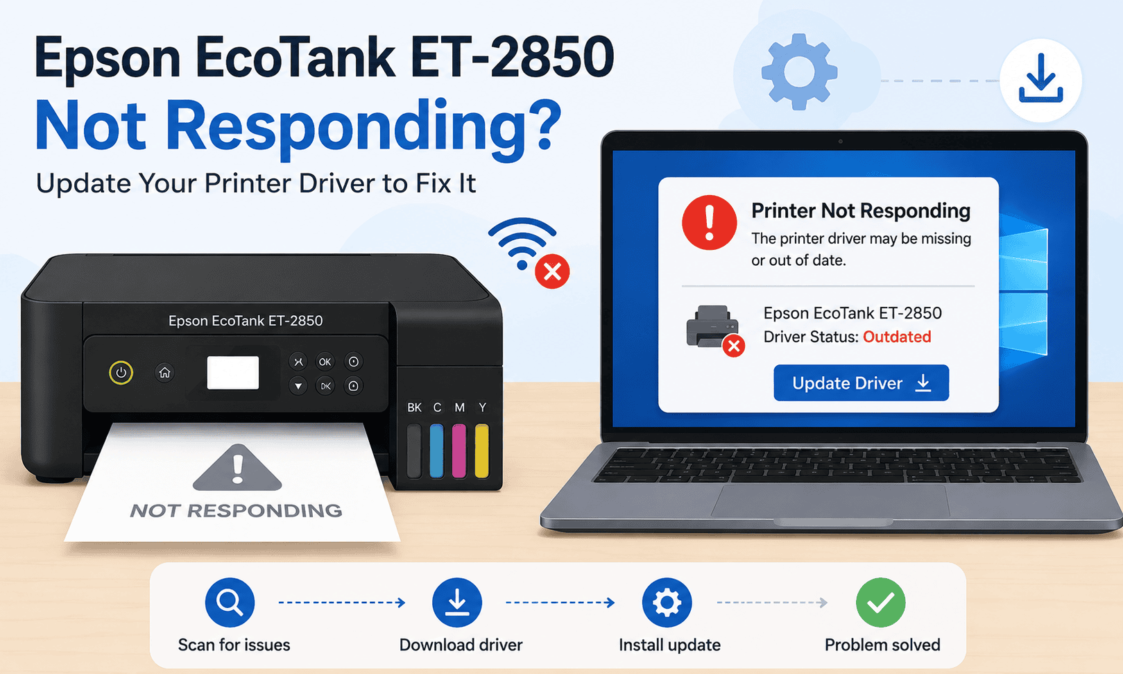An Epson EcoTank ET-2850 printer is shown connected to a Windows computer displaying an error or warning icon, indicating a printing failure.