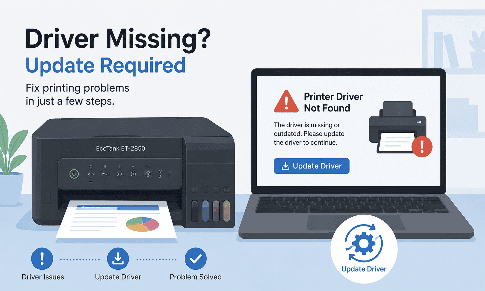The Epson EcoTank ET-2850 printer is shown beside a laptop displaying a “Printer Driver Not Found” warning, illustrating how outdated or missing drivers can prevent printing