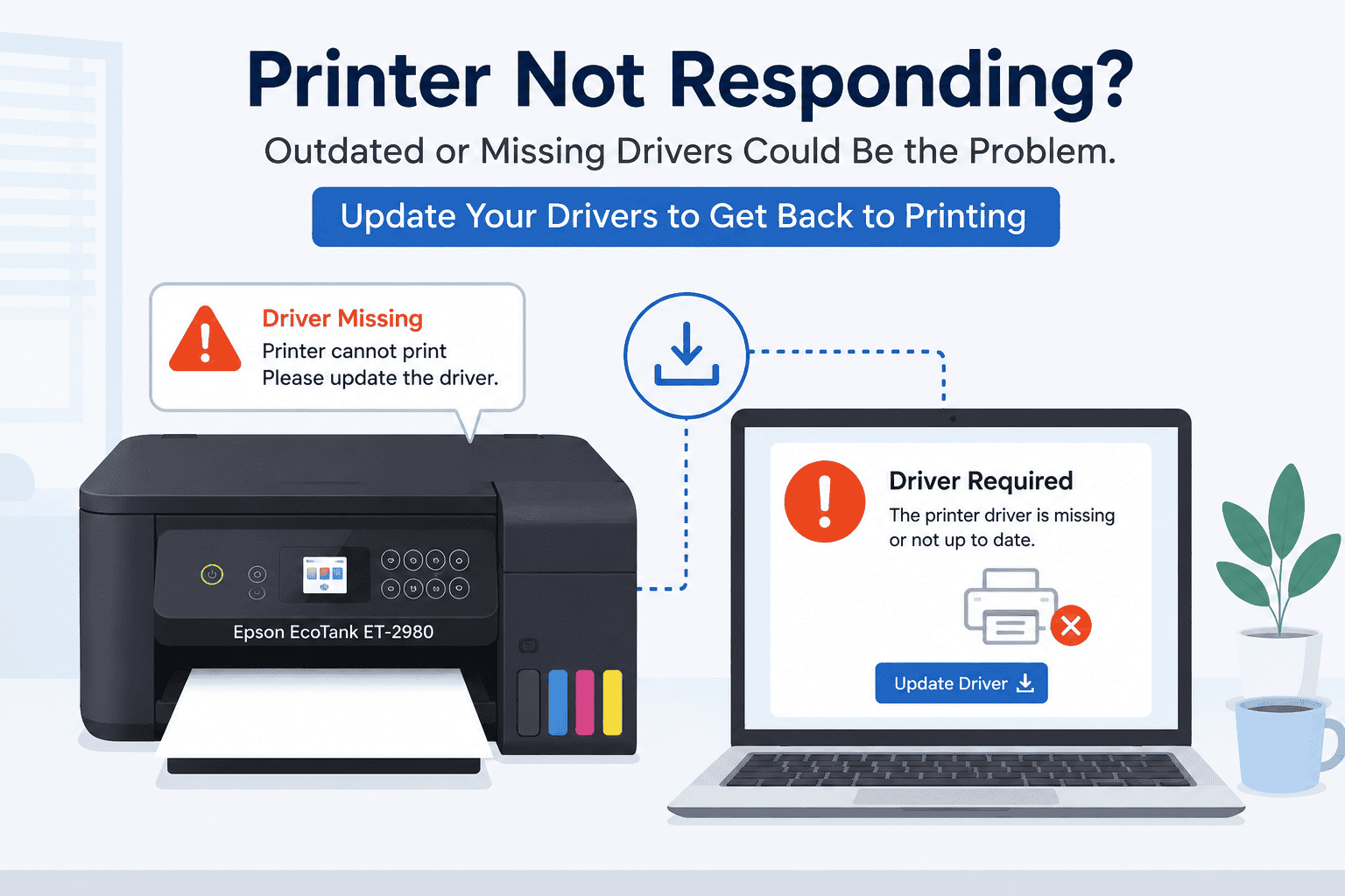 A clean flat vector illustration shows an Epson EcoTank ET-2980 printer next to a laptop displaying a driver error message, highlighting that missing or outdated drivers can stop printing.