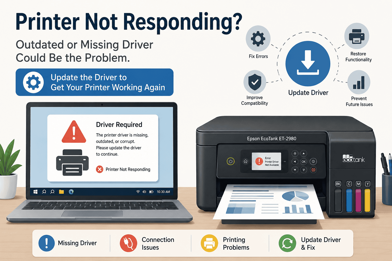 Epson EcoTank ET-2980 printer connected to a laptop displaying a “Driver Required” warning and printer not responding message.