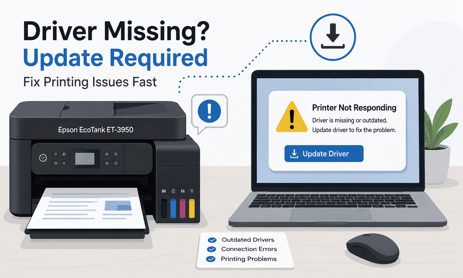 An Epson EcoTank ET-3950 printer sits beside a laptop displaying a “Printer Not Responding” warning and an update prompt, illustrating how outdated or missing drivers can cause printing and communication issues.