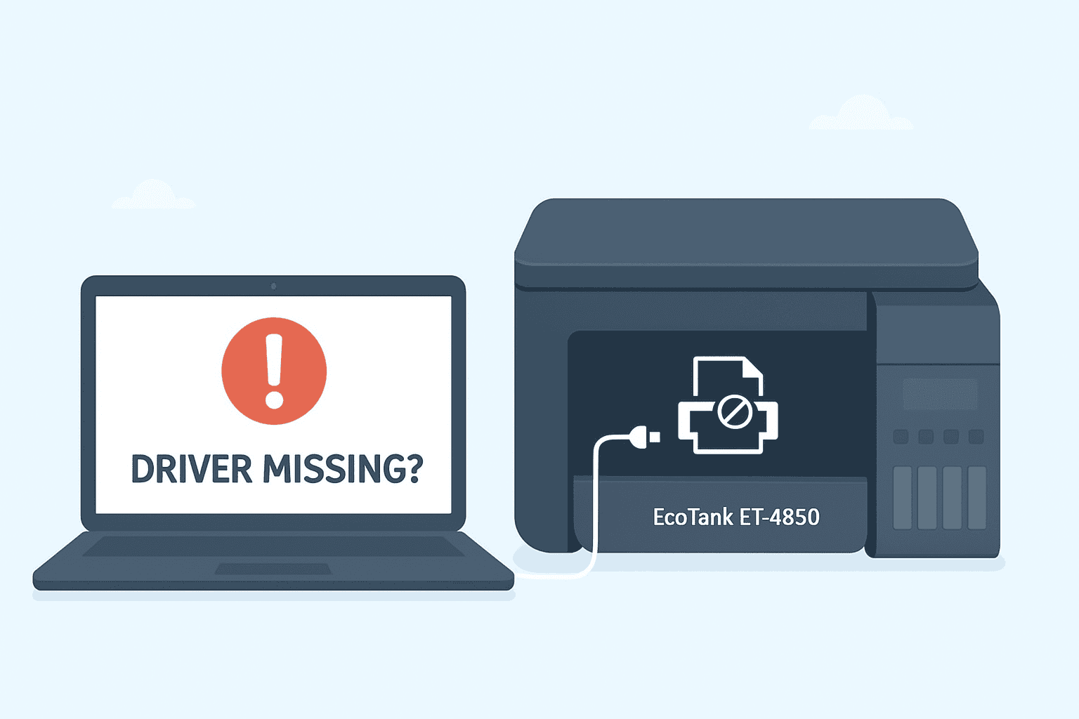 A laptop screen displays a “Driver Missing?” warning beside an Epson EcoTank ET-4850 printer with a disconnected cable icon, illustrating common printer connection problems caused by outdated or missing drivers.