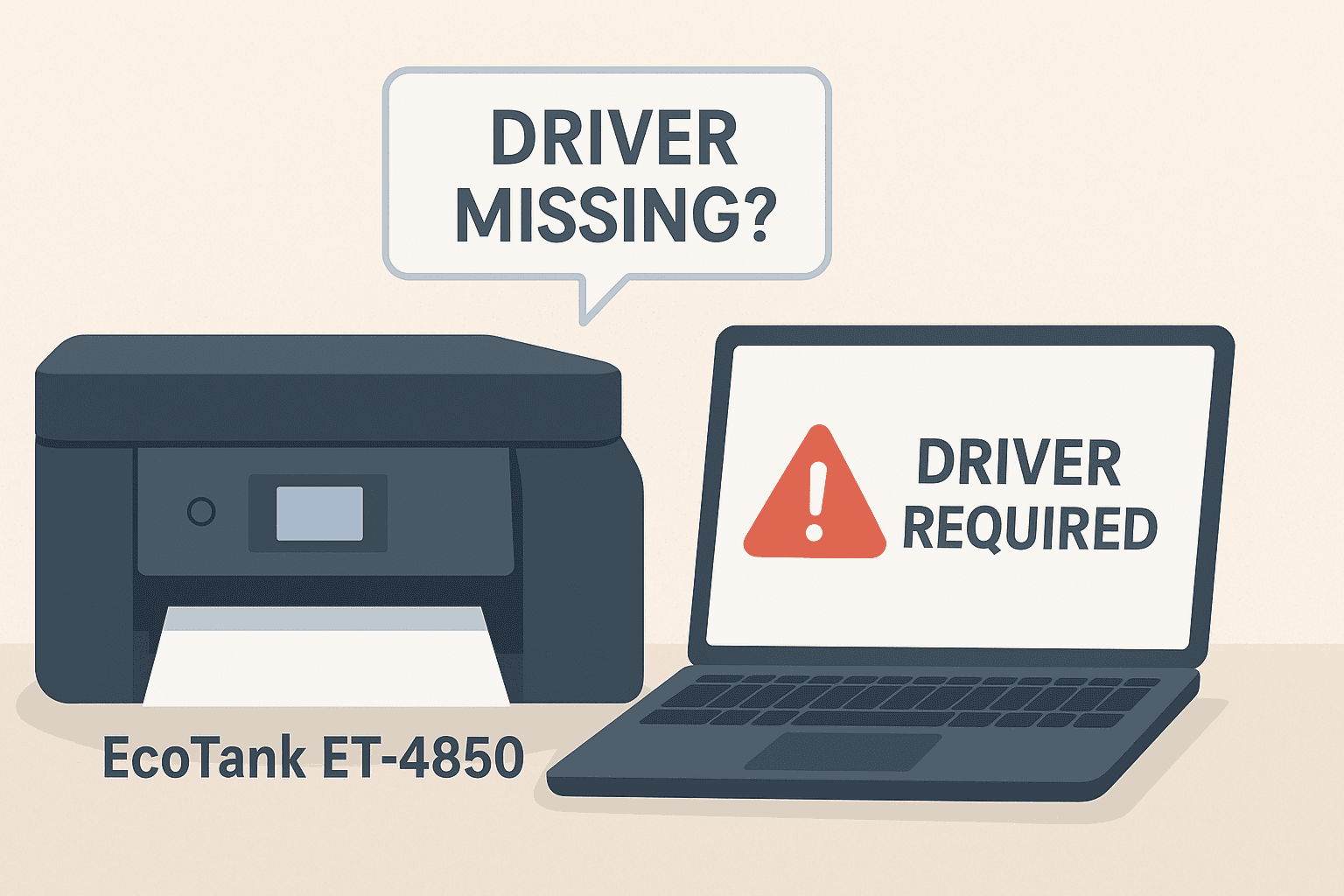 An Epson EcoTank ET-4850 printer is shown beside a laptop displaying a red warning sign and the message “Driver Required,” illustrating a common printing issue caused by missing or outdated drivers.