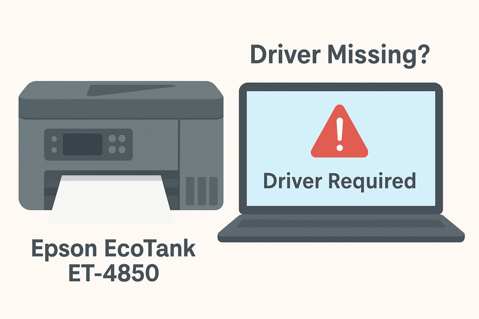 An Epson EcoTank ET-4850 printer is shown beside a laptop displaying a warning symbol and the message “Driver Required,” representing printing problems caused by missing or outdated printer drivers.