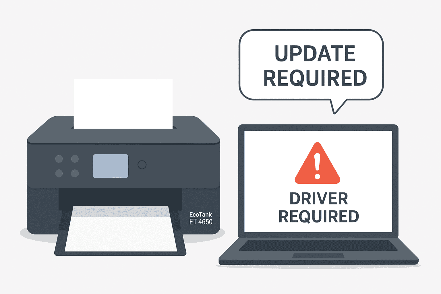 An Epson EcoTank ET-4850 printer is shown beside a laptop displaying a red warning symbol and the message “Driver Required,” illustrating a common printer issue caused by missing or outdated drivers.