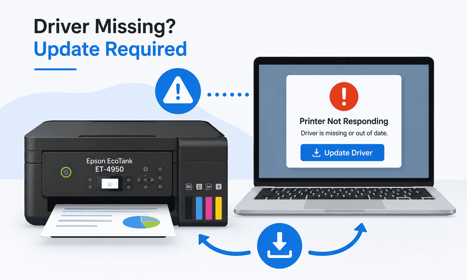 Illustration of an Epson EcoTank ET-4950 printer beside a laptop displaying a "Printer Not Responding" warning and driver update message.