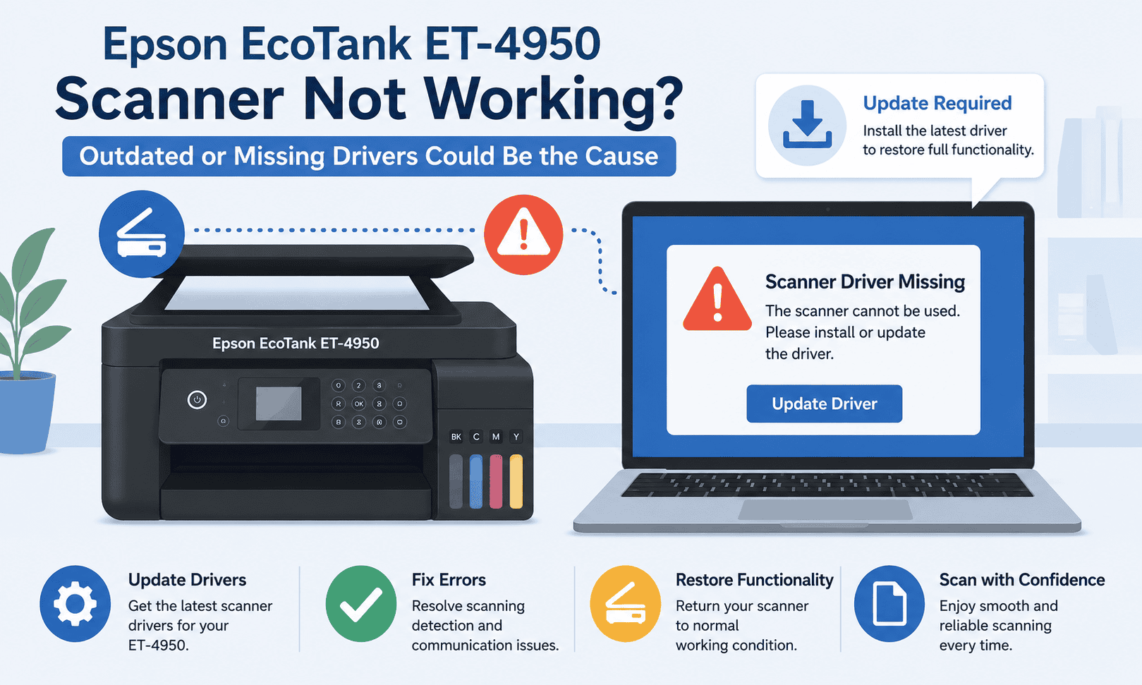 Epson EcoTank ET-4950 scanner and printer connected to a laptop displaying a "Scanner Driver Missing" warning, illustrating how outdated or missing scanner drivers can prevent scanning and communication with Windows.