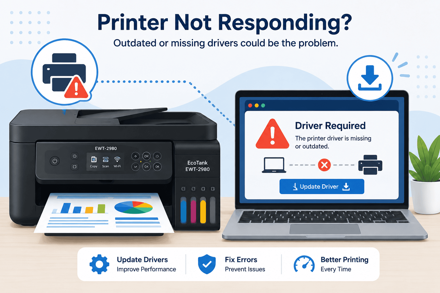 An illustration of an Epson EcoTank EWT-2980 beside a laptop displaying a "Driver Required" warning, showing how outdated or missing printer drivers can prevent printing.