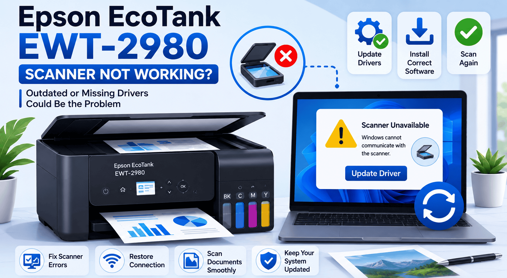 Illustration of an Epson EcoTank EWT-2980 next to a Windows laptop displaying a "Driver Required" warning and update icon, showing how outdated or missing printer drivers can prevent printing and scanning until the correct software is installed.