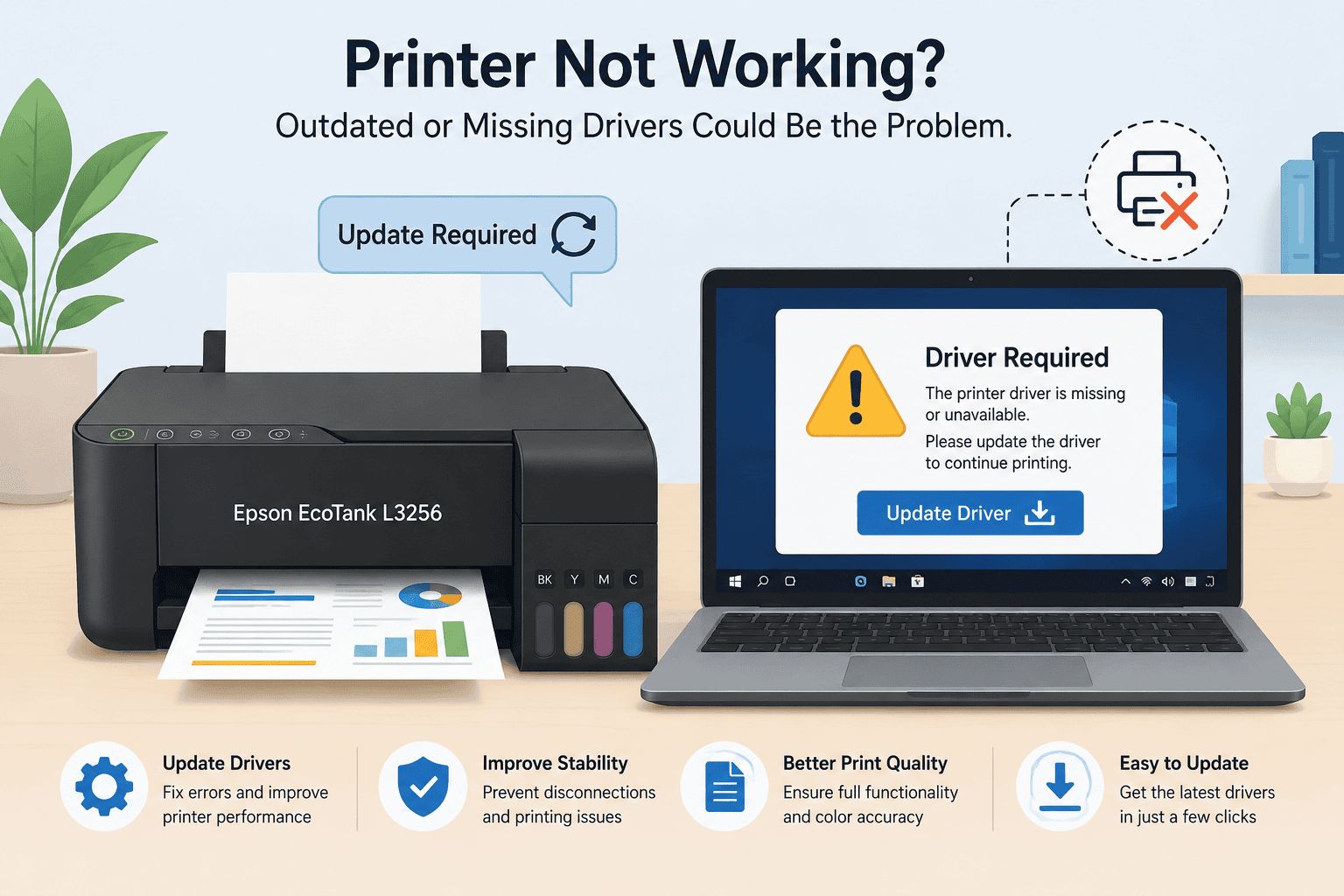 An illustration of the Epson EcoTank L3256 beside a Windows laptop displaying a "Driver Required" warning with an update icon, showing how outdated or missing printer drivers can prevent successful printing.