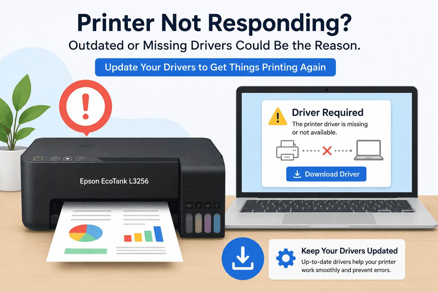 Illustration of an Epson EcoTank L3256 printer beside a laptop displaying a "Driver Required" warning message, highlighting how outdated or missing printer drivers can cause printing and communication issues.