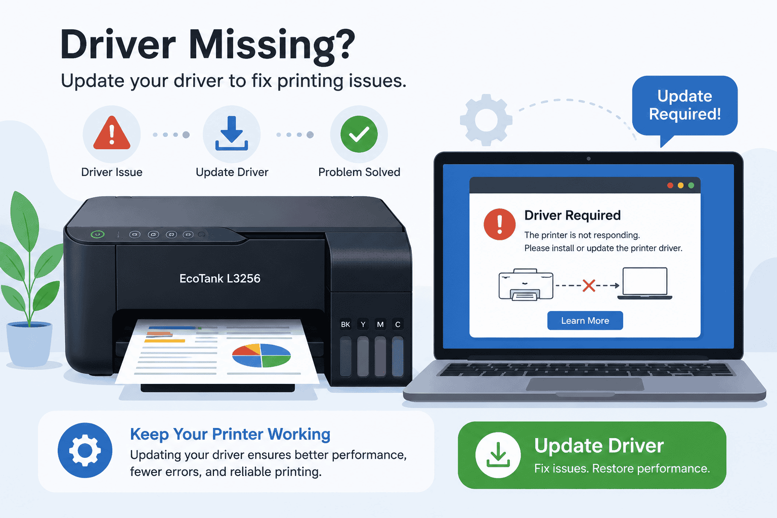 An illustration of an Epson EcoTank L3256 printer beside a laptop displaying a “Driver Required” warning, showing how outdated or missing drivers can cause printing problems.