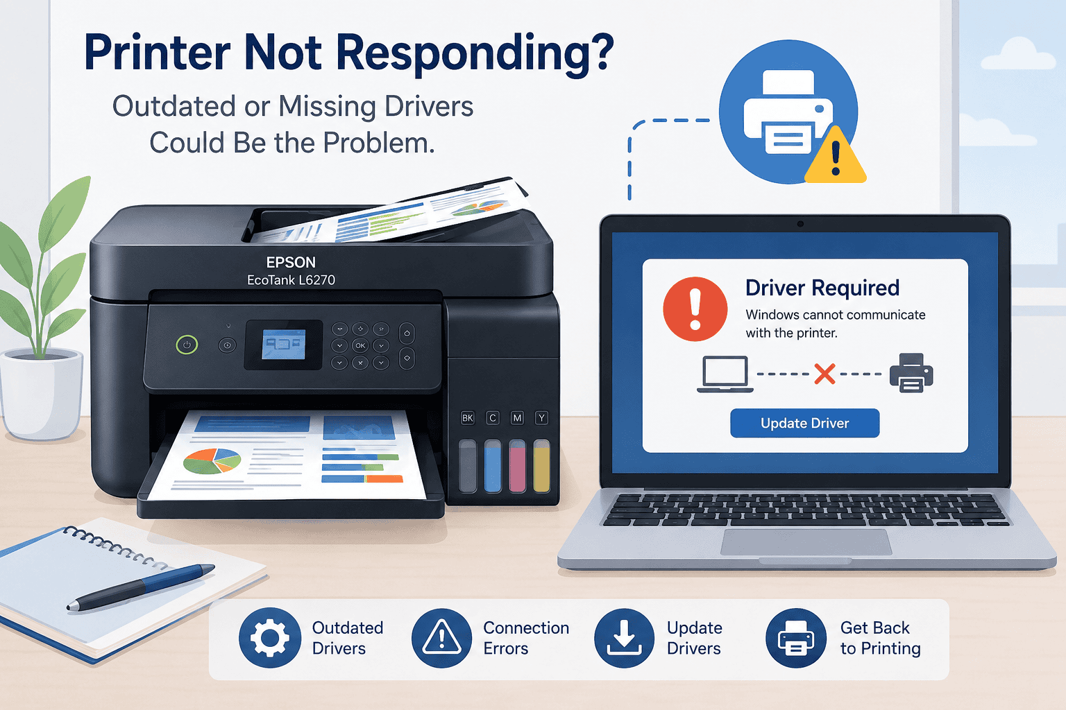 An illustration of the Epson EcoTank L6270 beside a laptop displaying a "Driver Required" warning, showing how outdated or missing drivers can prevent the printer from communicating with a Windows computer and cause printing issues.