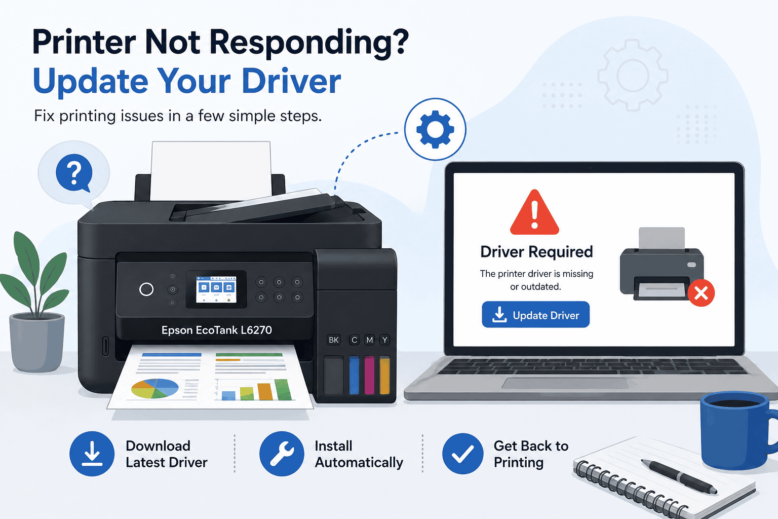 An illustration of the Epson EcoTank L6270 beside a laptop displaying a "Driver Required" warning with an update icon, showing how outdated or missing printer drivers can prevent successful printing.