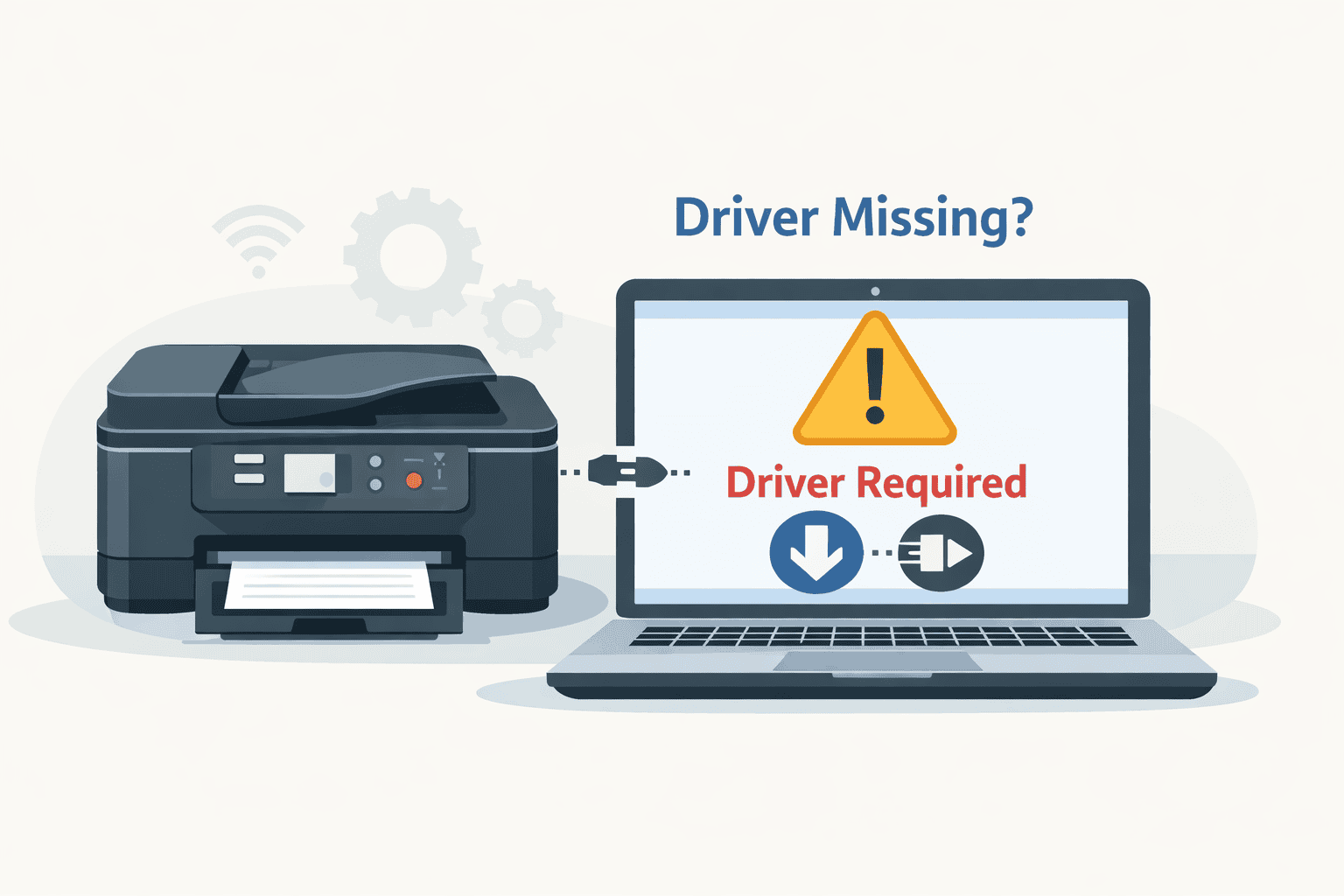 Epson printer connected to a laptop showing a “Driver Missing” error, with a broken connection icon indicating communication failure.