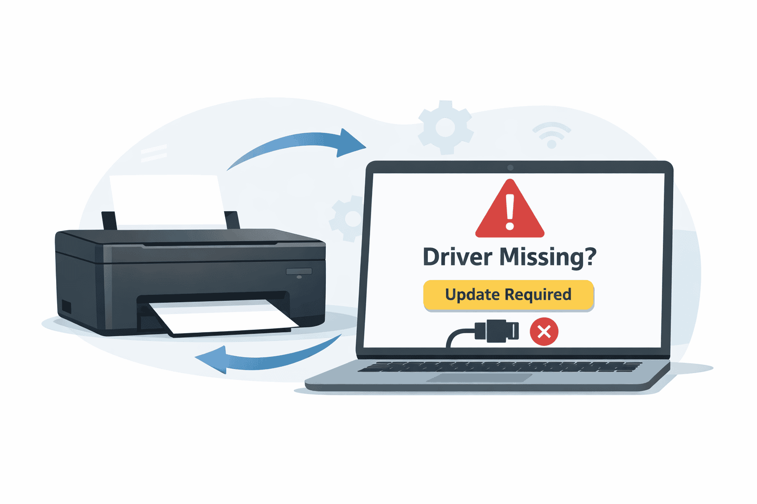 Epson printer connected to a laptop showing a “Driver Missing” warning and update prompt, illustrating how outdated or missing drivers can prevent printing and cause connection errors.