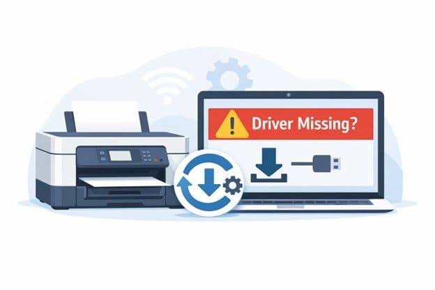An Epson printer connected to a laptop shows a “Driver Required” warning on screen, illustrating how outdated or missing printer software can cause printing issues and errors.
