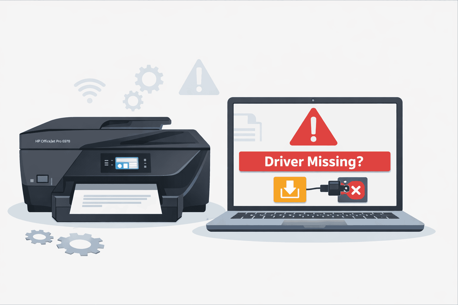 HP OfficeJet Pro 6978 printer next to a laptop showing a “Driver Missing?” warning, illustrating how outdated or missing drivers can cause printing issues and connection errors.