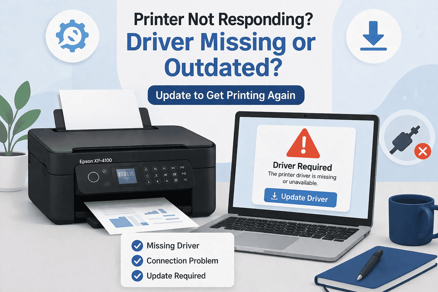 Epson printer not responding next to a laptop showing a “Driver Required” warning, indicating outdated or missing drivers causing printing issues.