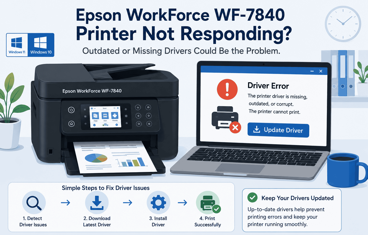 Epson WorkForce WF-7840 printer next to a laptop displaying a "Driver Error" warning, illustrating how outdated or missing printer drivers can prevent the printer from communicating with Windows and completing print jobs.