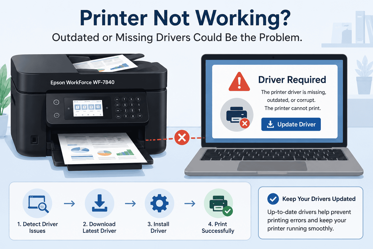 Epson WorkForce WF-7840 printer beside a laptop displaying a "Driver Required" warning, showing how outdated or missing printer drivers can prevent printing.