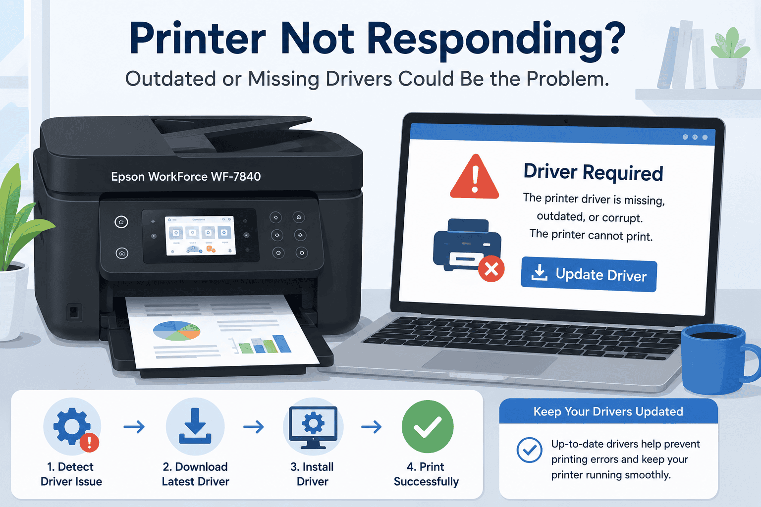 Epson WorkForce WF-7840 printer next to a laptop displaying a "Driver Required" warning, illustrating how outdated or missing printer drivers can cause printing problems.