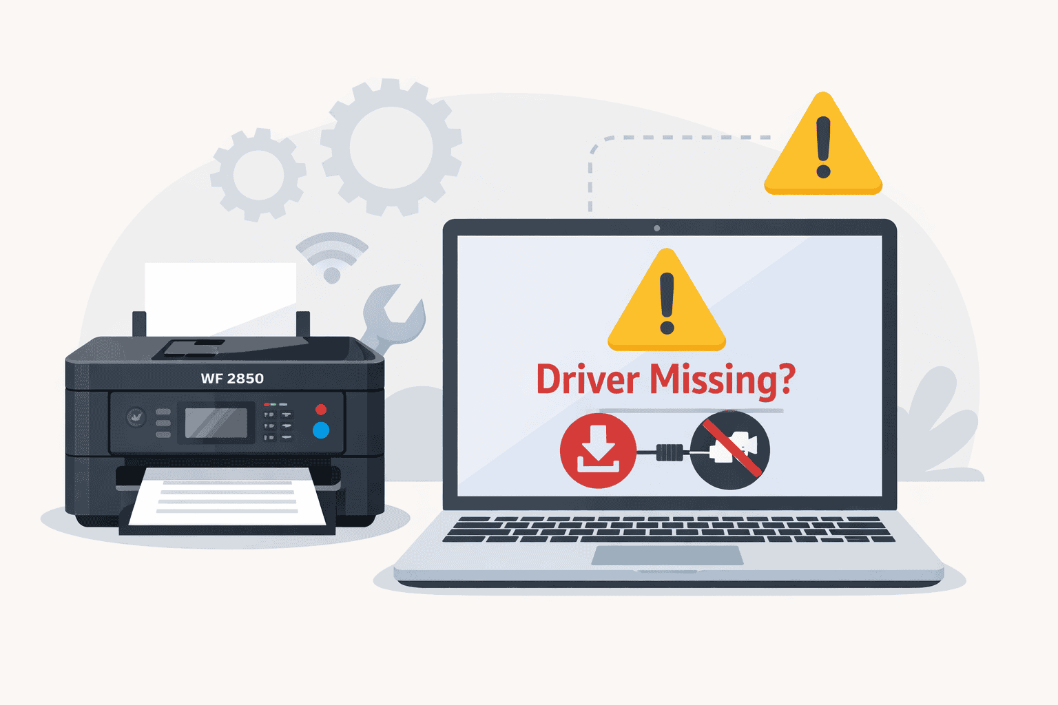 Epson Workforce WF 2850 printer connected to a laptop displaying a “Driver Missing” warning, illustrating how outdated or missing printer software can prevent printing tasks from completing properly.