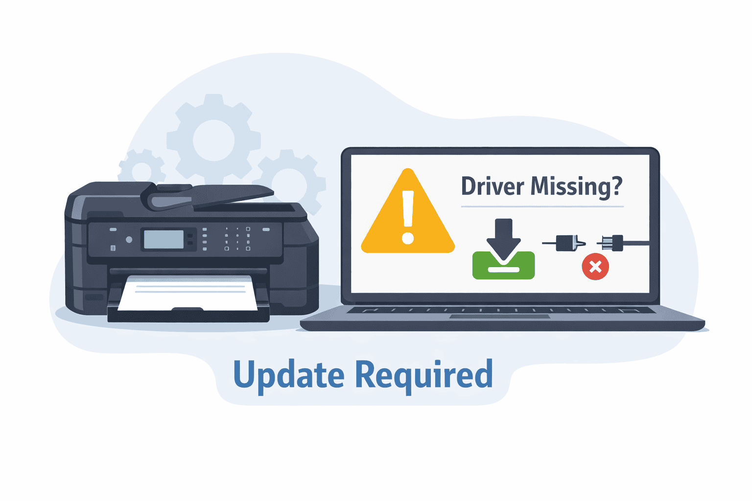 Epson Workforce WF 7720 printer beside a laptop showing a “Driver Missing” warning, illustrating how outdated or missing printer software can cause printing errors and connection issues.