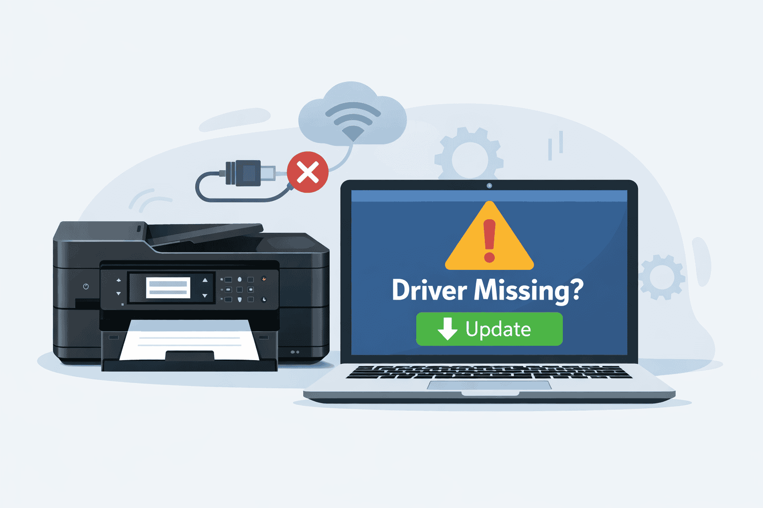 Illustration of an Epson Workforce WF-7840 printer next to a laptop showing a “Driver Missing” warning, highlighting how outdated or missing drivers can cause printing and connection issues.