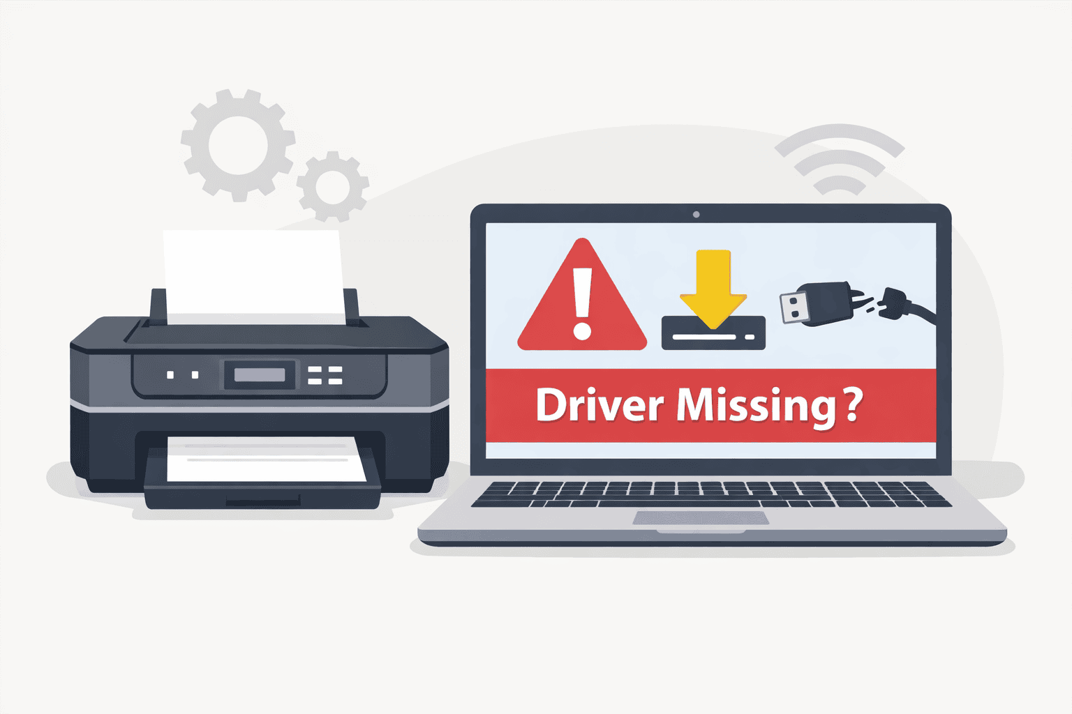 Epson XP 4205 printer beside a laptop showing a “Driver Missing?” warning and error icons, highlighting printing problems caused by outdated or missing drivers.