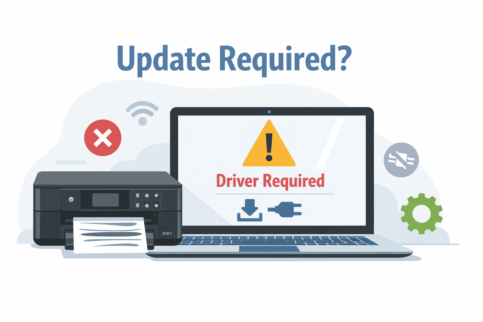 Epson XP 6100 printer producing streaked prints beside a laptop showing a “Driver Required” warning, illustrating how outdated or missing printer software can cause printing issues.