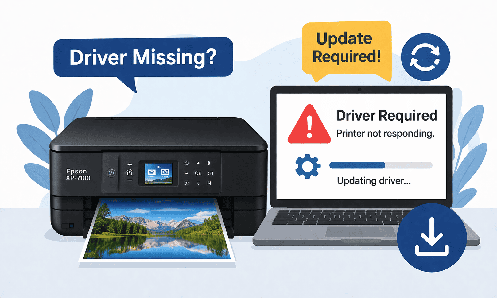 Epson XP 7100 printer connected to a laptop showing a “Driver Missing” warning and update prompt, illustrating how outdated or missing printer software can prevent printing.