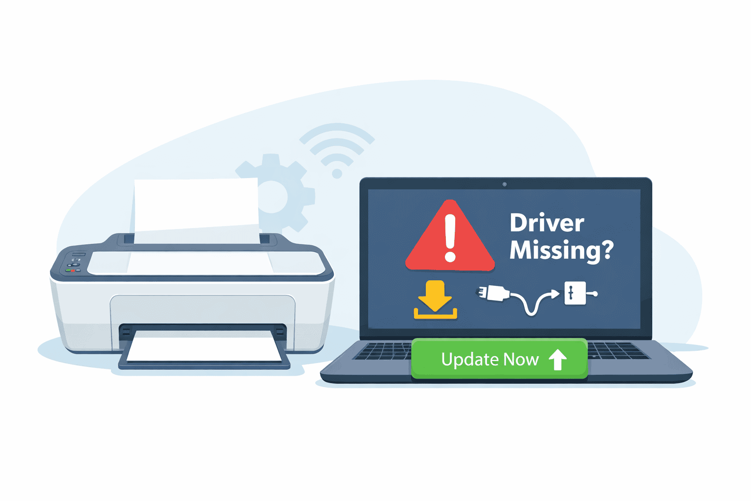 An HP DeskJet 2755e printer sits next to a laptop displaying a “Driver Missing?” warning with a download icon and an “Update Now” button, illustrating issues caused by outdated or missing printer software.