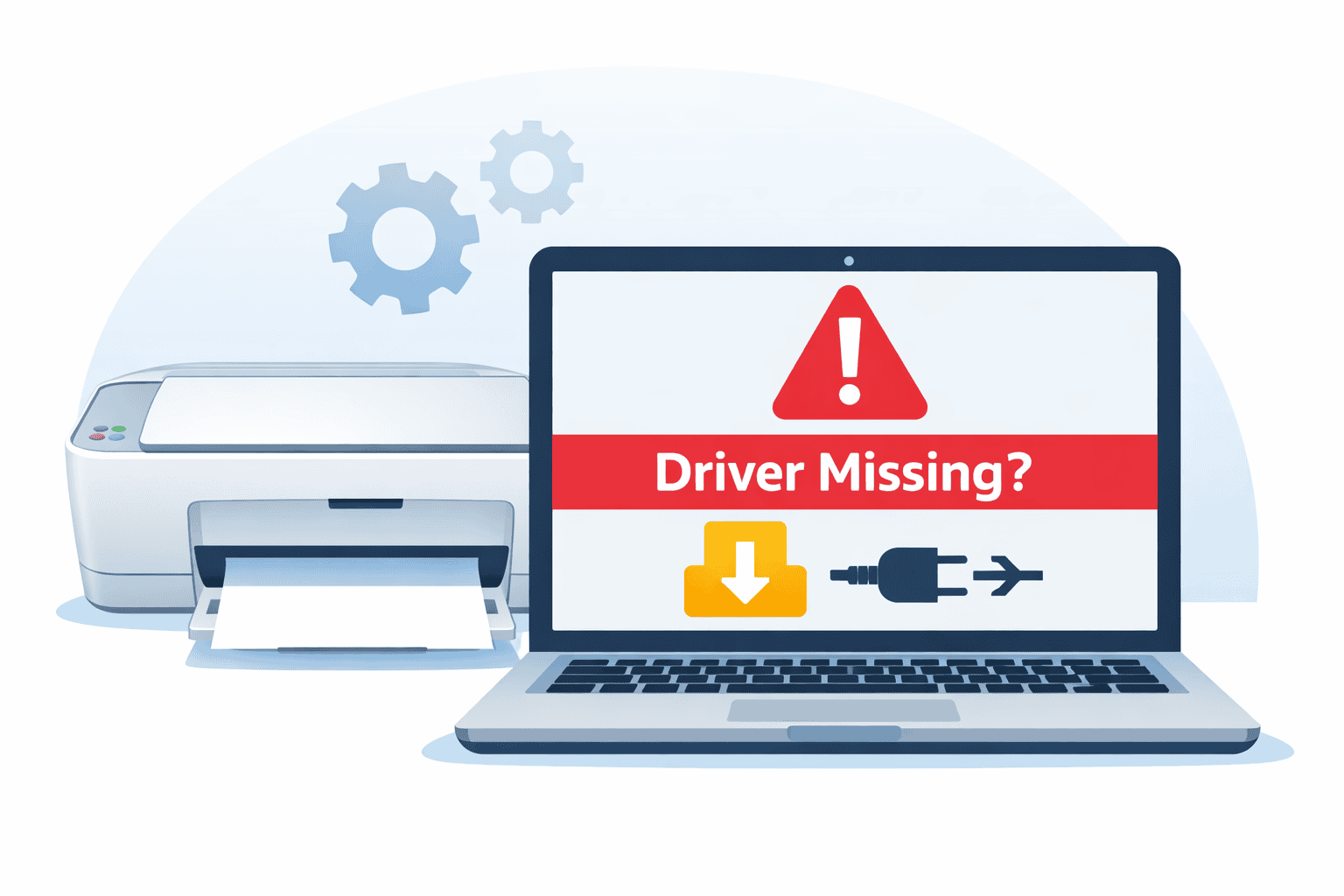 Illustration of an HP DeskJet 2822e printer next to a laptop showing a warning message that indicates missing or outdated printer software.