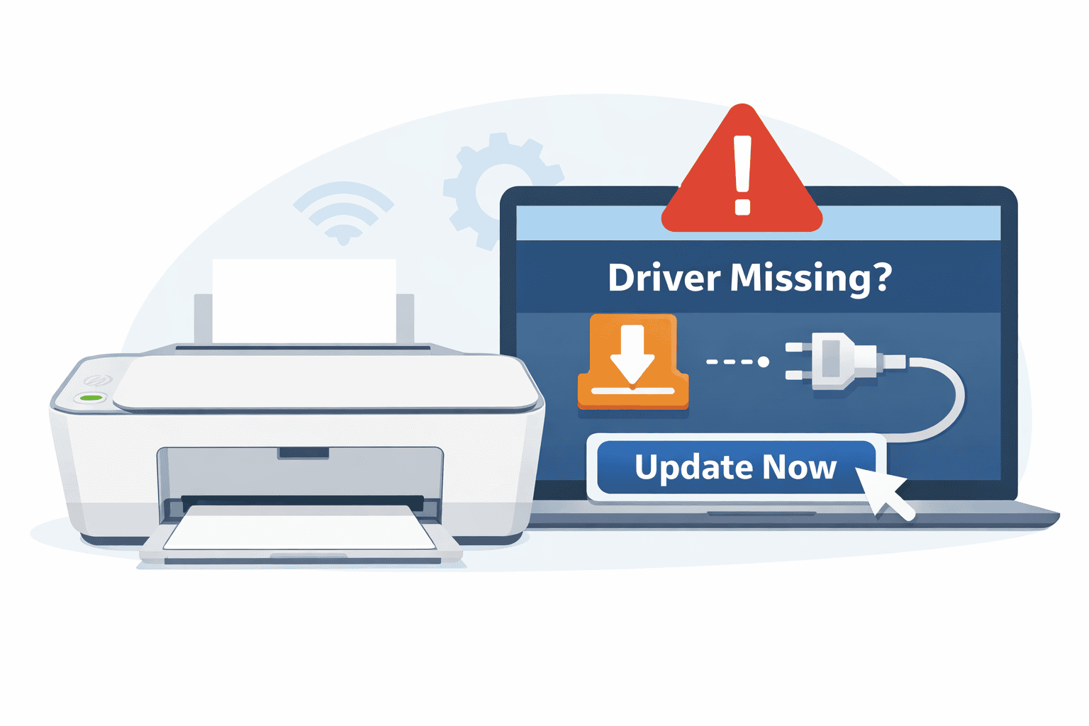 Illustration of an HP DeskJet 2855e printer beside a laptop displaying a “Driver Missing?” warning and update button, showing how outdated or missing printer drivers can cause printing and connection problems.