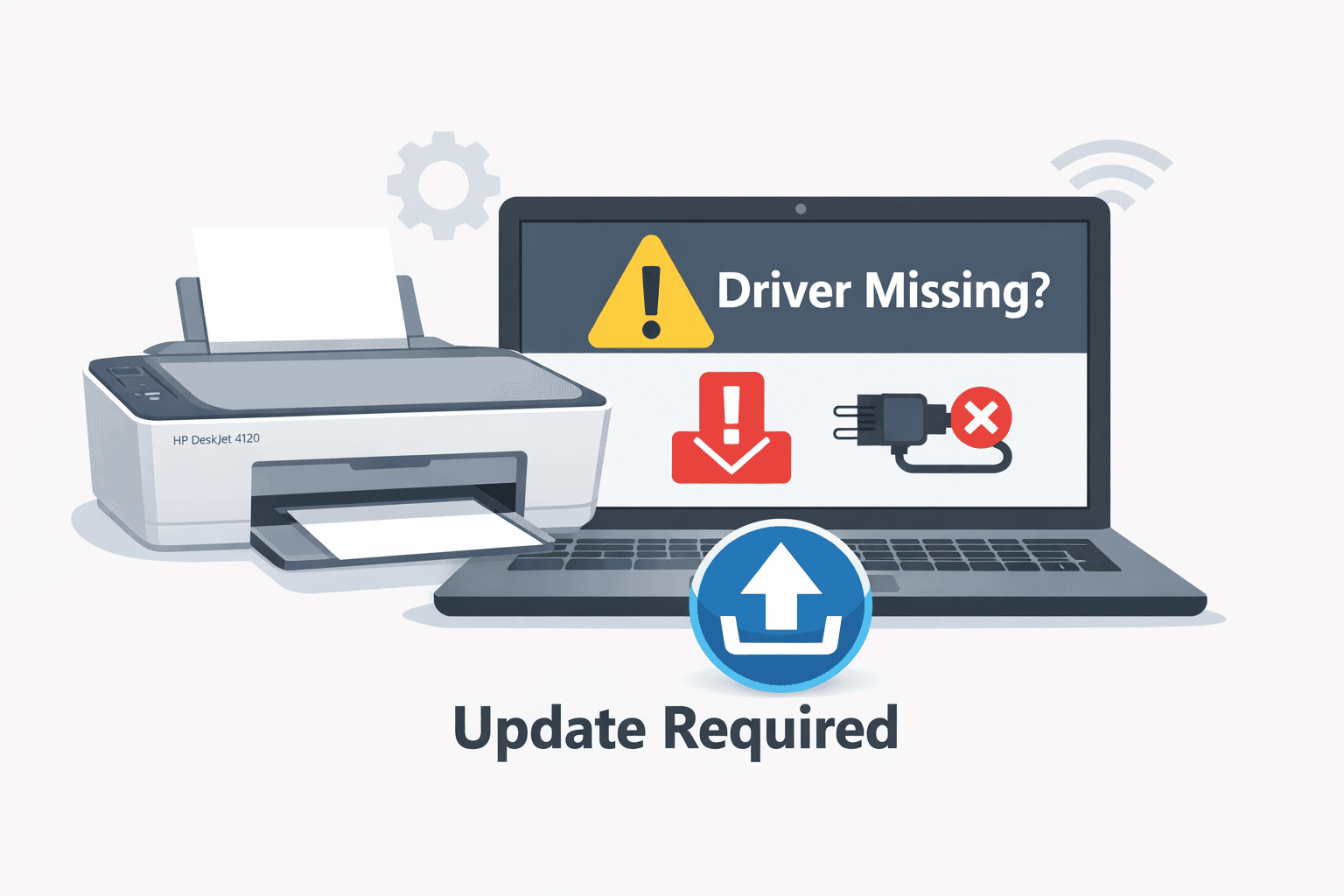 Illustration of an HP DeskJet 4120 printer next to a laptop displaying a “Driver Missing” warning and update icon, showing how outdated or missing drivers can cause printing problems.