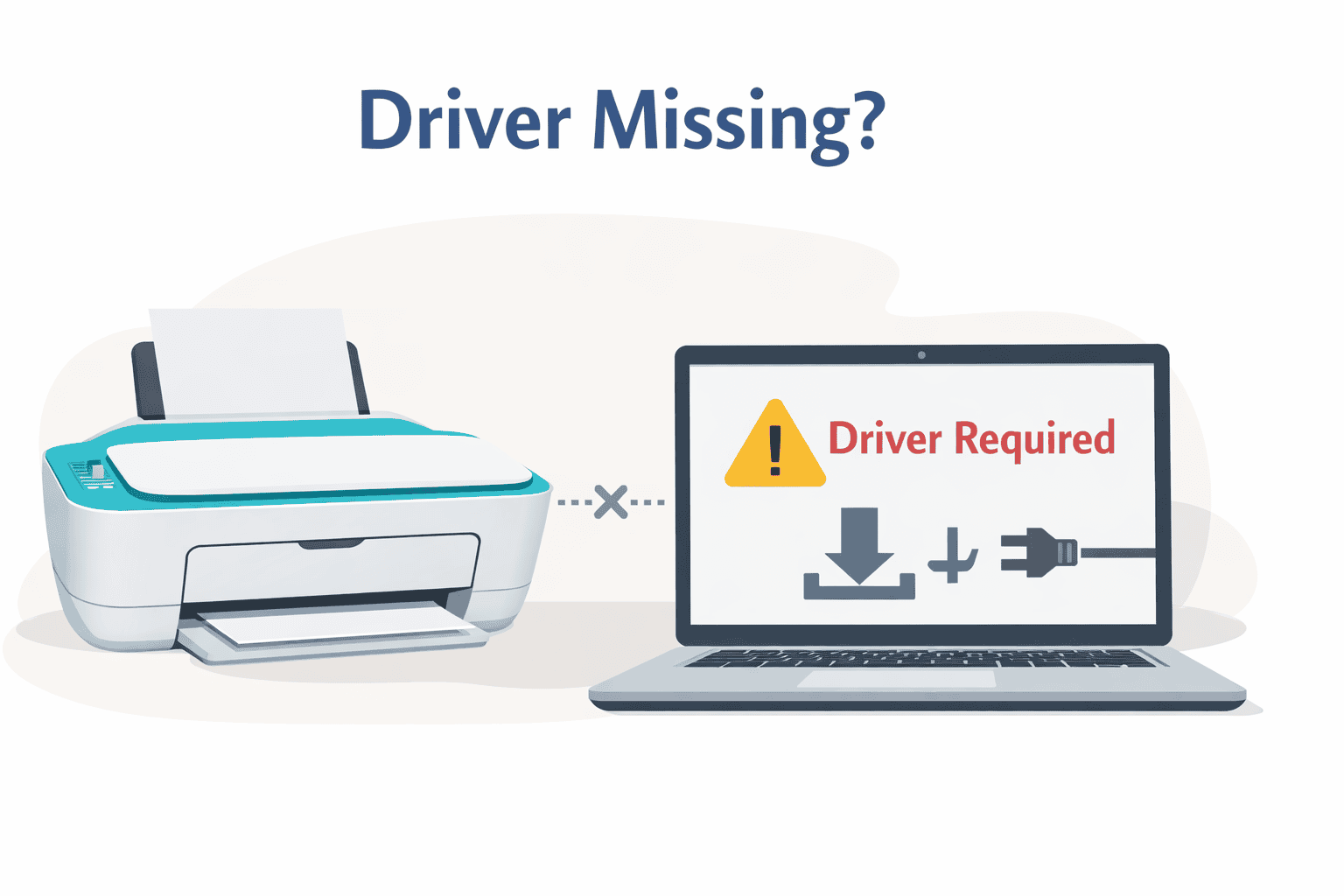 Illustration showing an HP DeskJet Ink Advantage 2677 printer next to a laptop displaying a “Driver Required” warning, indicating the printer cannot communicate with the computer.