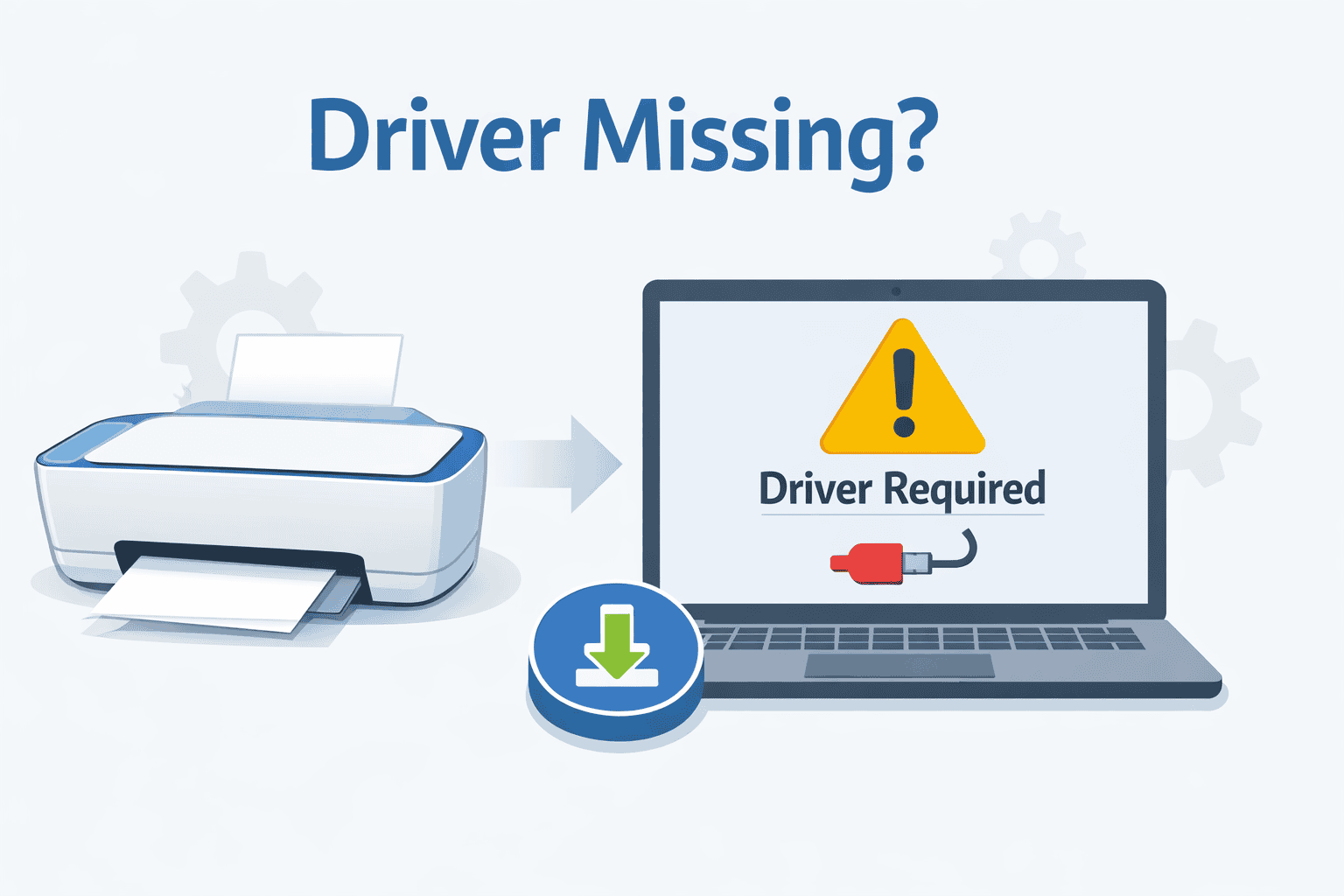 Illustration shows an HP DeskJet Ink Advantage 2677 next to a laptop displaying a warning that required printer files are missing, explaining why the printer is not responding or cannot print properly.