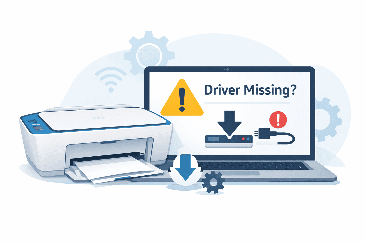 An HP DeskJet 2677 printer next to a laptop displaying a “Driver Missing?” warning with icons for a download arrow and disconnected cable, illustrating issues caused by outdated or missing printer software.