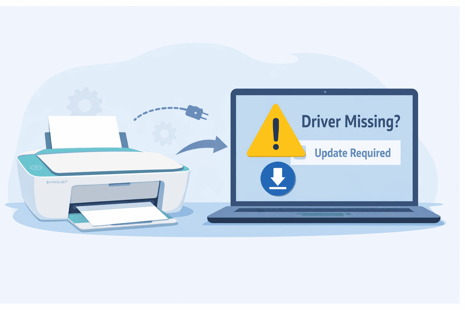 An illustration showing an HP DeskJet Ink Advantage 2677 next to a laptop displaying a “Driver Missing, Update Required” warning, highlighting how outdated or missing printer software can stop printing from working properly.