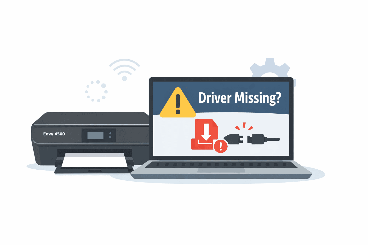 HP Envy 4500 printer next to a laptop showing a “Driver Missing?” warning and download icon, illustrating how outdated or missing drivers can prevent the printer from responding or printing properly on a Windows computer.