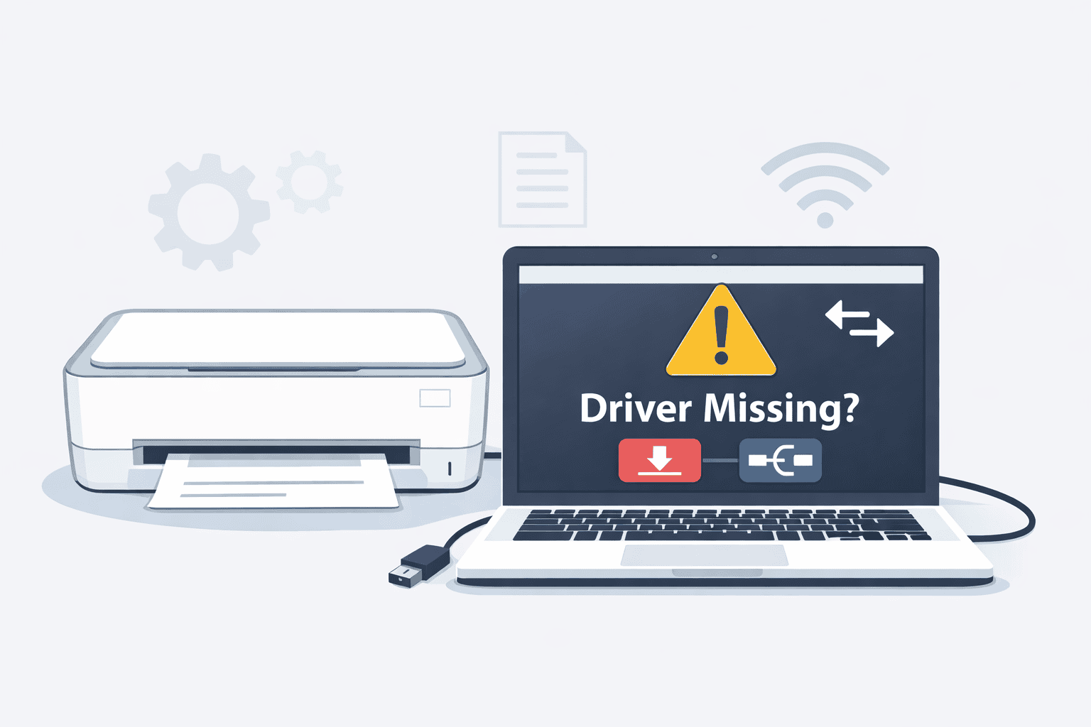 Illustration showing an HP Envy 6055e printer next to a laptop displaying a warning message that indicates a missing or outdated printer driver. The scene highlights how driver problems can cause the printer to appear offline or stop responding.