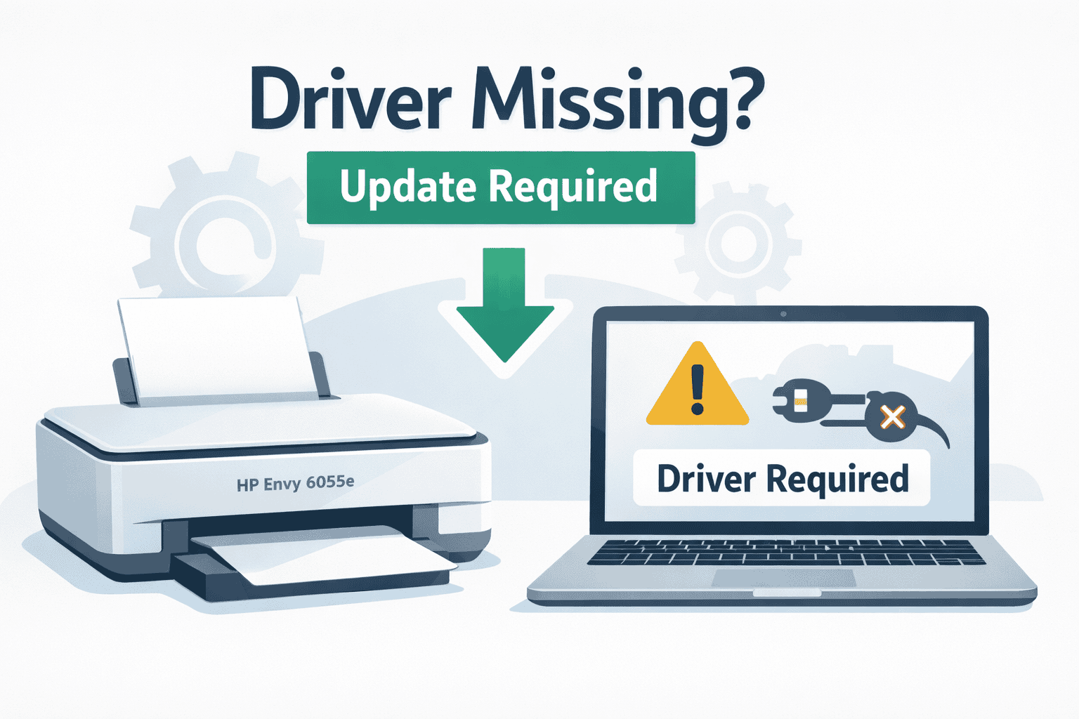 Illustration showing an HP Envy 6055e printer beside a laptop displaying a “Driver Required” warning, highlighting how missing or outdated printer software can cause printing problems on Windows.