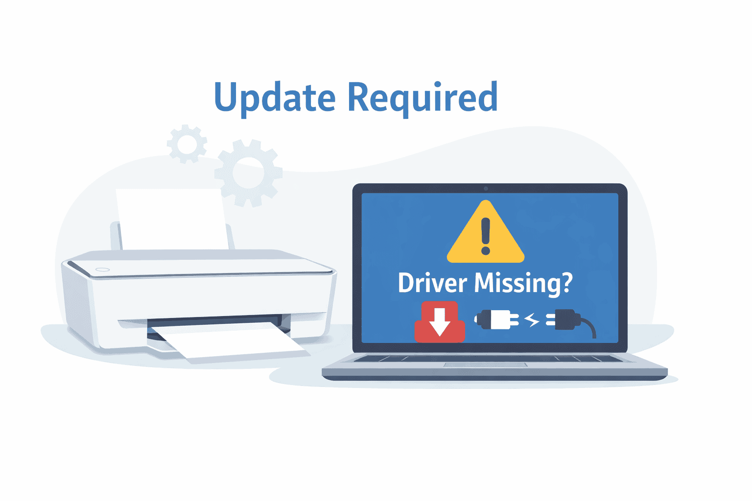 An HP Envy 6055e printer sits beside a laptop showing a warning message about missing printer software, highlighting how outdated or missing drivers can cause the printer to stop responding or fail to print.