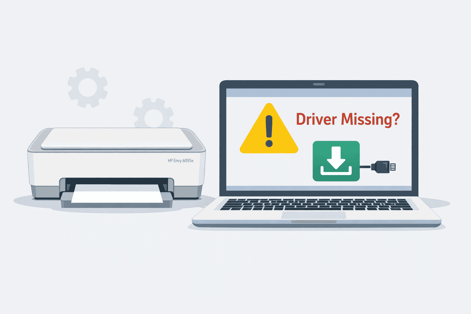 An HP Envy 6055e printer sits next to a laptop showing a warning message that says “Driver Missing?” with a download icon, illustrating a common printing problem caused by outdated or missing printer files.
